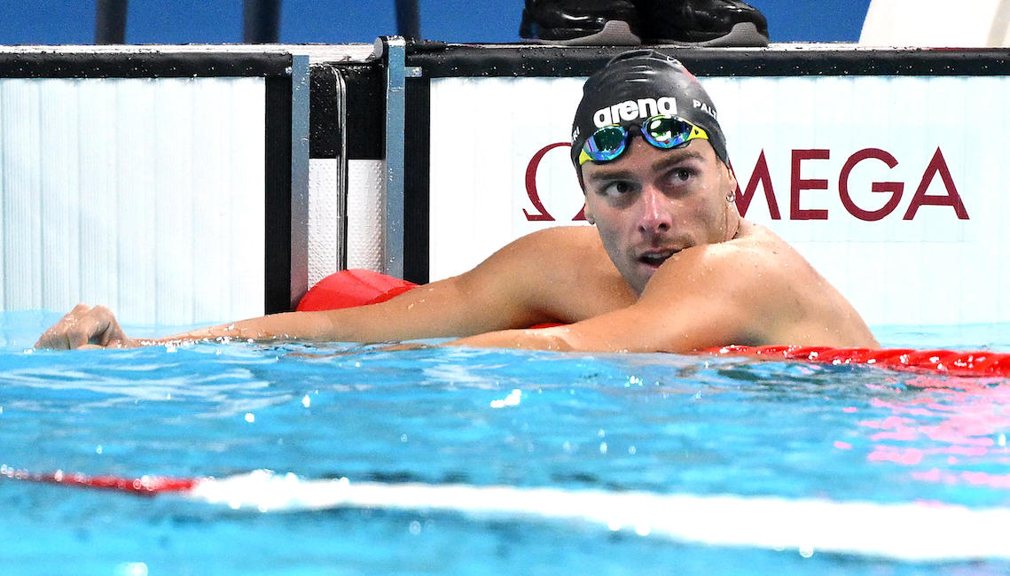 Italian Gregorio Paltrinieri reacts after winning the bronze medal in the Men's 800m Freestyle final of the Swimming competitions during the Paris 2024 Olympic Games at the Paris La Defense Arena in Paris, France, 30 July 2024. Summer Olympic Games will be held in Paris from 26 July to 11 August 2024.   ANSA/ETTORE FERRARI